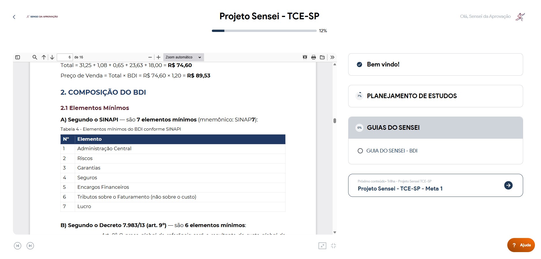 Interface da Plataforma Sensei